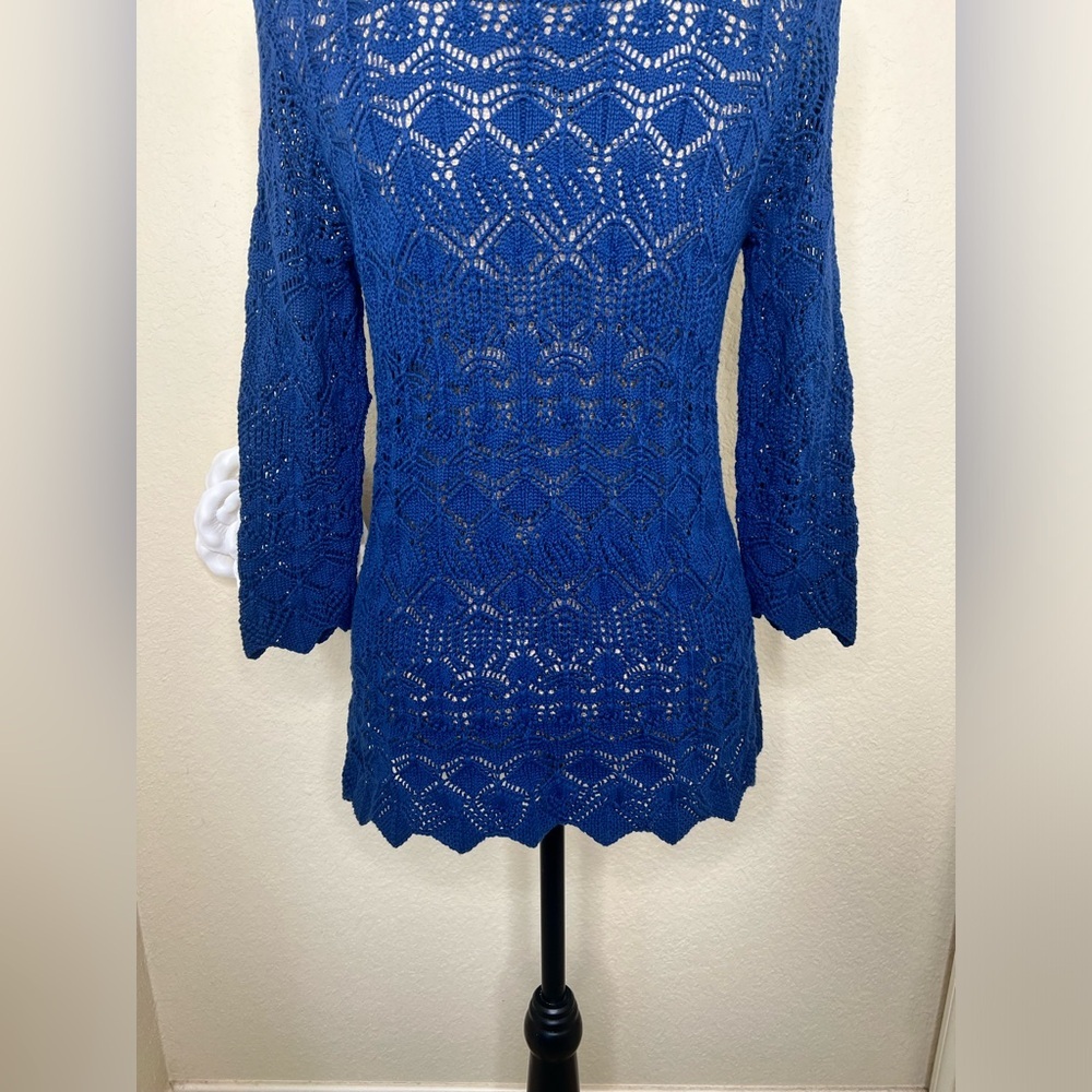 NTM Jeanne Pierre Blue Crochet Pullover Sweater NWT Scoop Neck 3/4 Sleeve Small - Picture 11 of 15